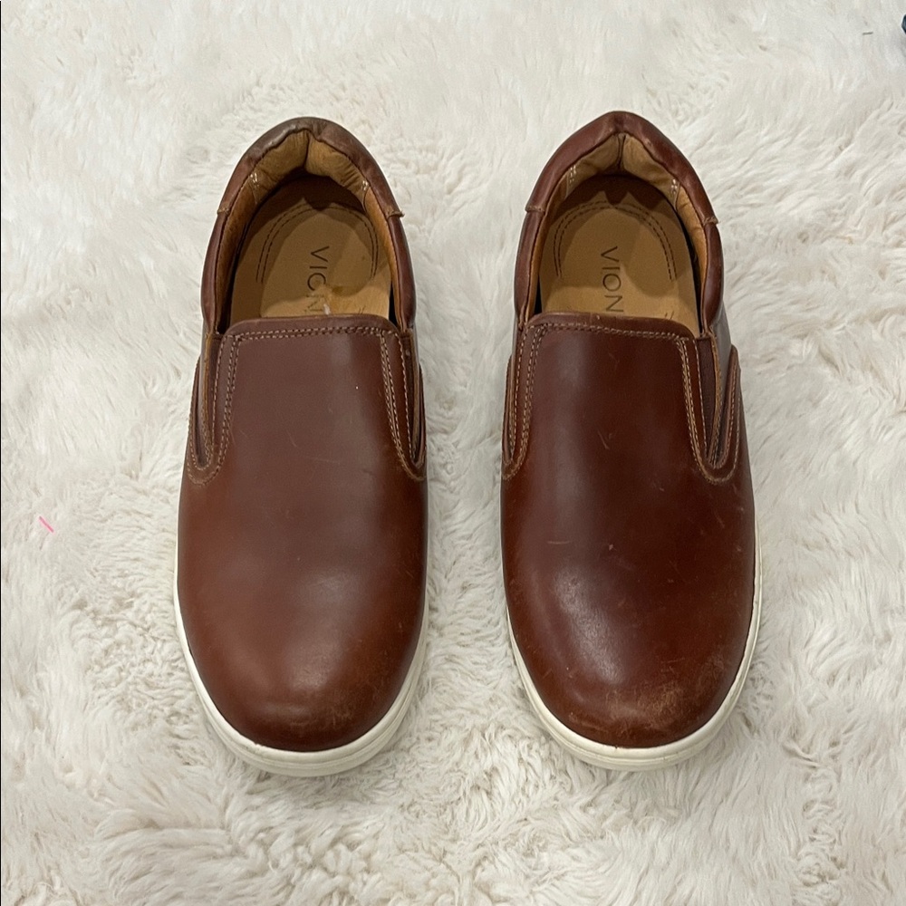 Vionic Brown Leather Slip-On Loafers with White Sole